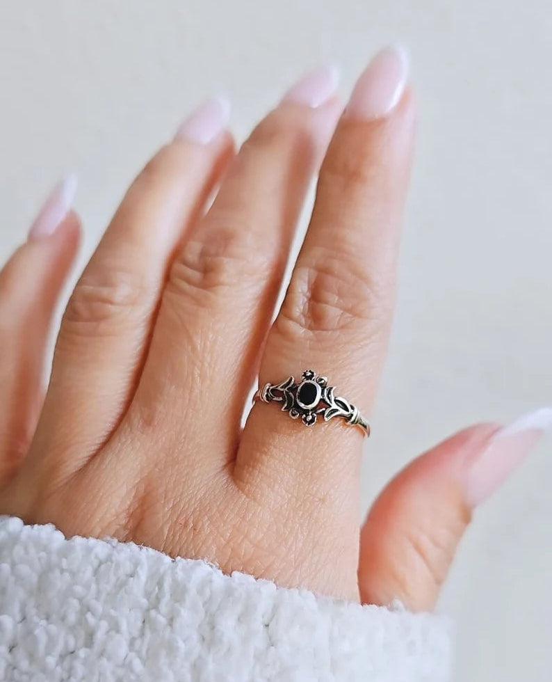 Sterling Silver Dainty Onyx Stone Ring - view 4