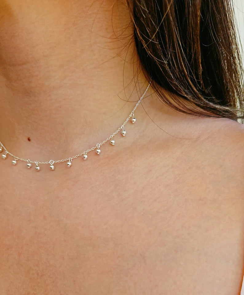 Sterling Silver Dangling Beads Chain Choker Necklace - view 5
