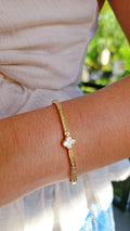 Gold Dainty Mother of Pearl Clover Bangle - view 4