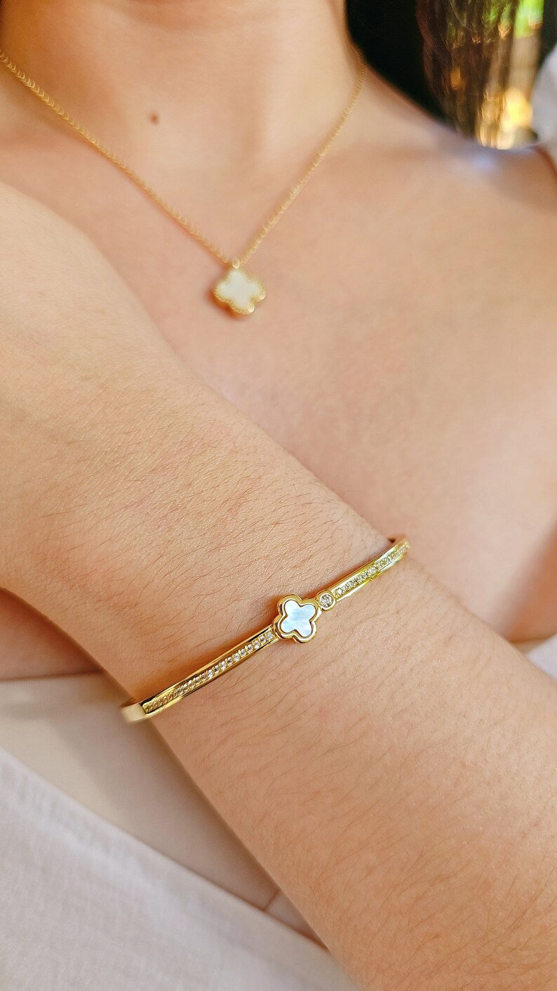 Gold Dainty Mother of Pearl Clover Bangle - view 8