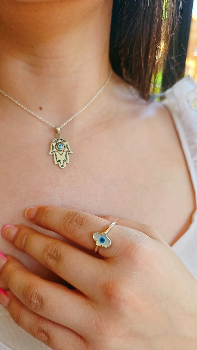 Sterling Silver Mother of Pearl Evil Eye Pendant Necklace - view 6