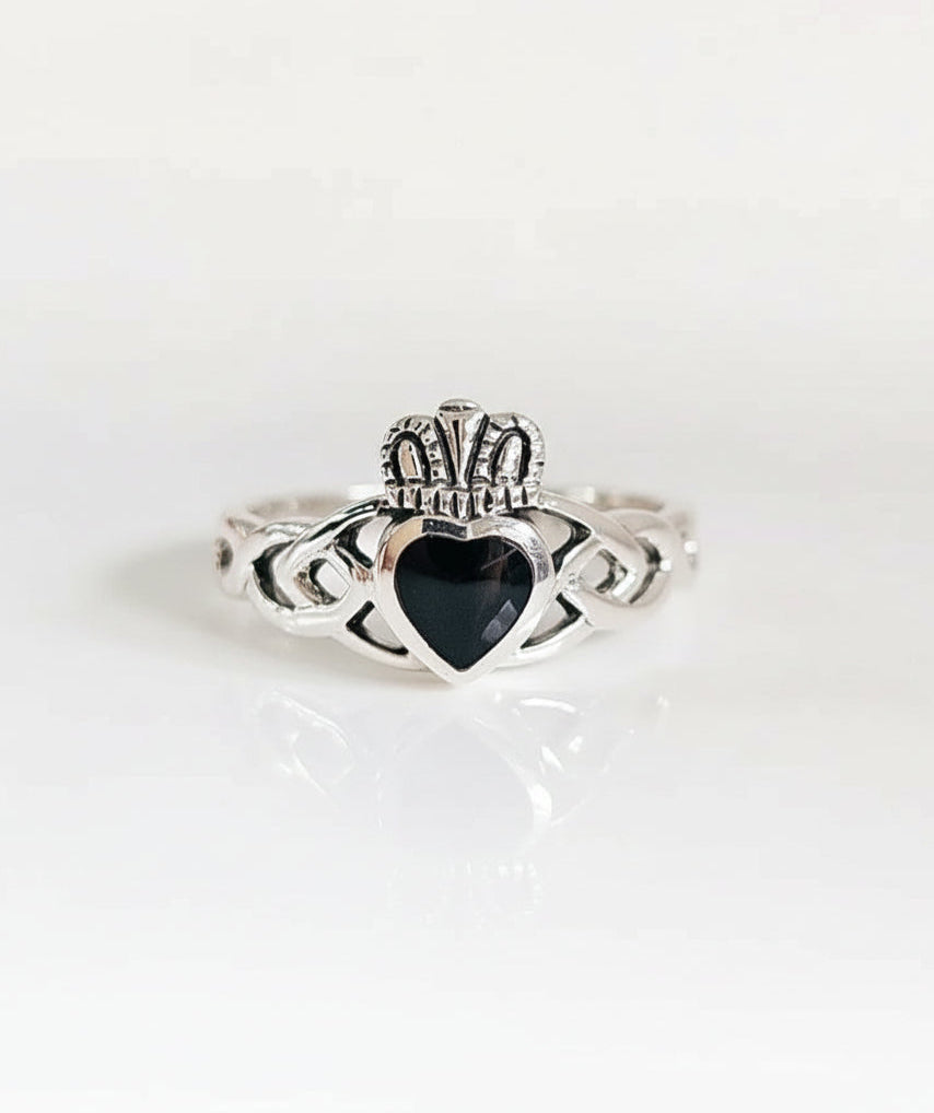Sterling Silver Onyx Claddagh Ring - view 6