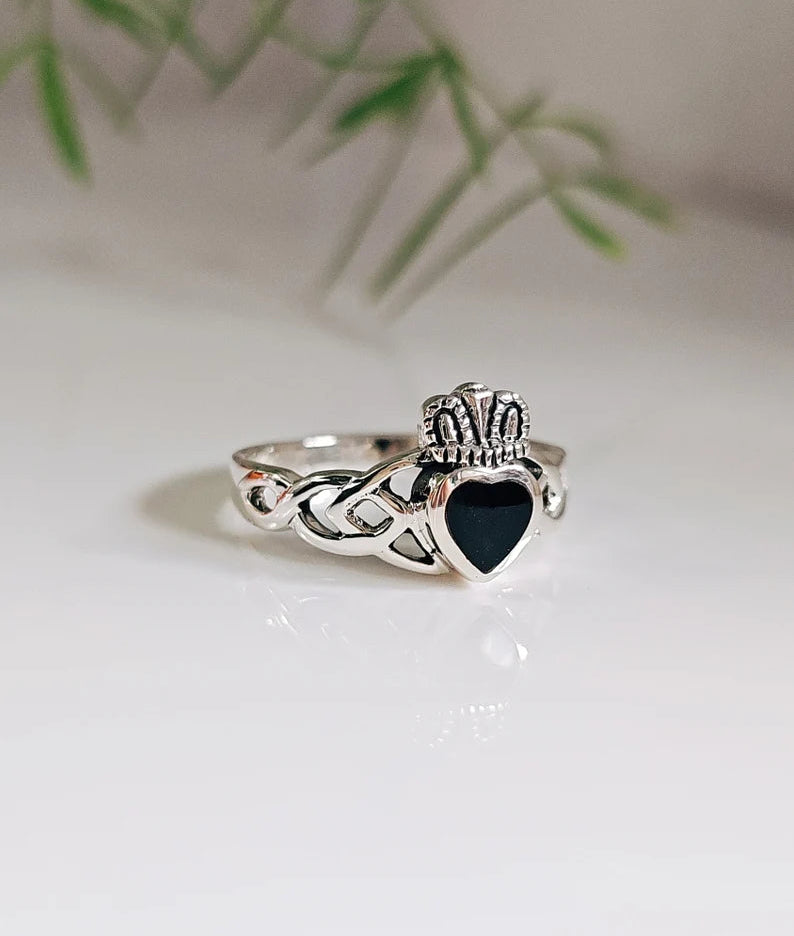 Sterling Silver Onyx Claddagh Ring - view 4