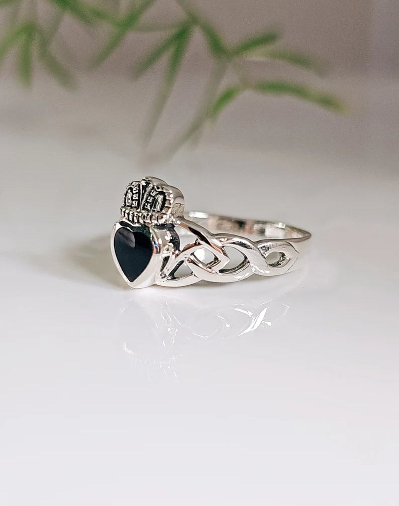 Sterling Silver Onyx Claddagh Ring - view 5
