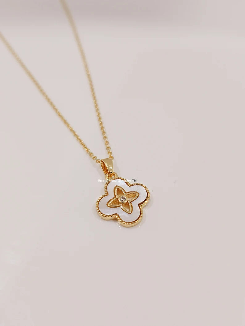 Gold Mother of Pearl Clover Necklace - view 3