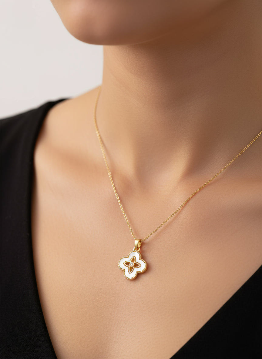 Gold Mother of Pearl Clover Necklace - view 2
