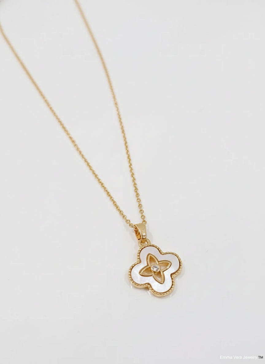 Gold Mother of Pearl Clover Necklace - view 4
