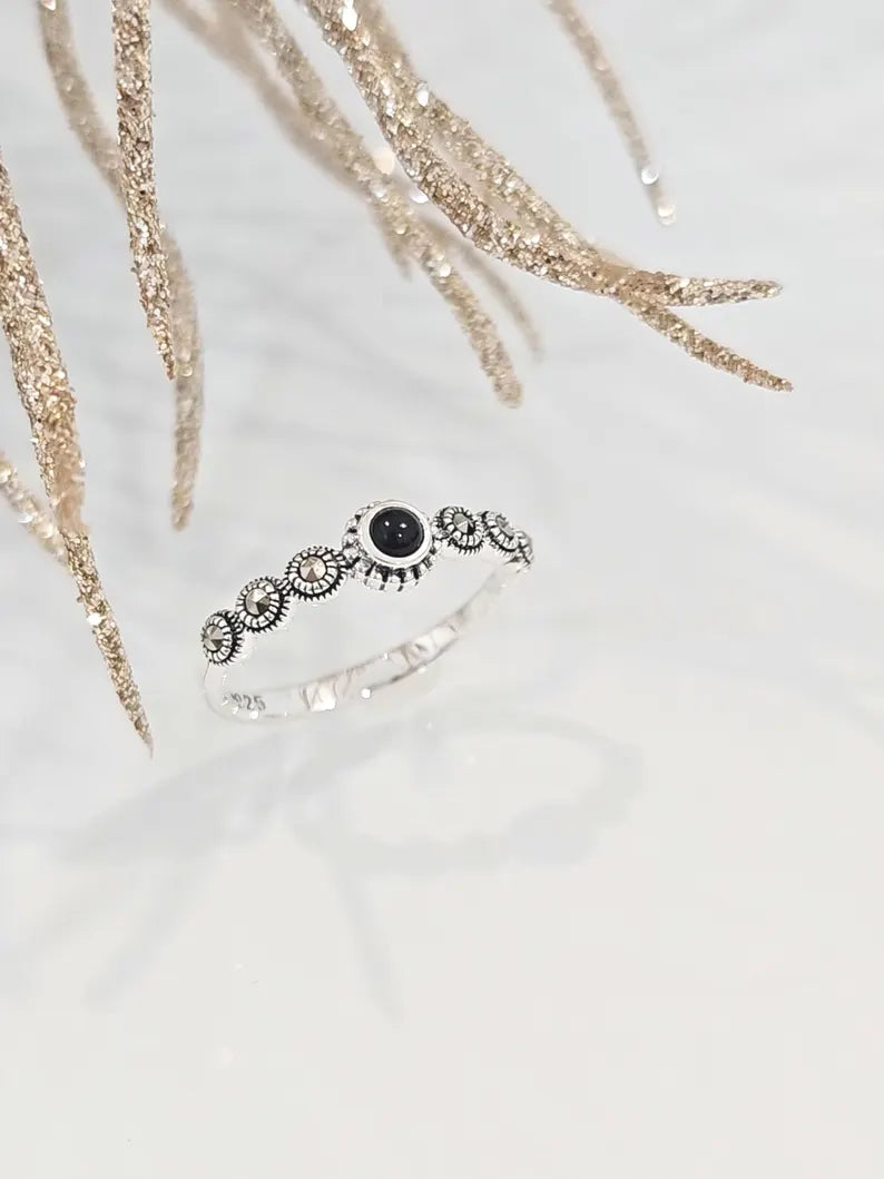 Sterling Silver Onyx Marcasite Ring - view 4