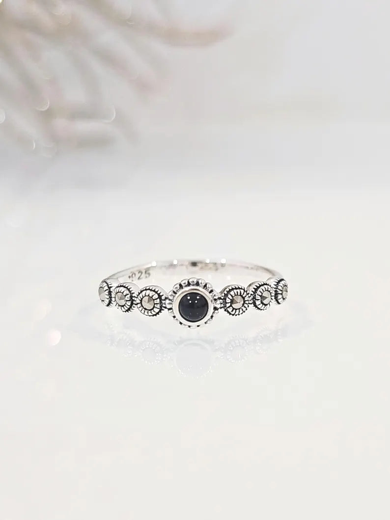 Sterling Silver Onyx Marcasite Ring - view 2