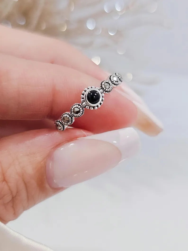 Sterling Silver Onyx Marcasite Ring - view 5