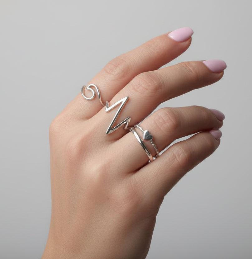 Sterling Silver 925 Heartbeat Geometric Ring - view 4
