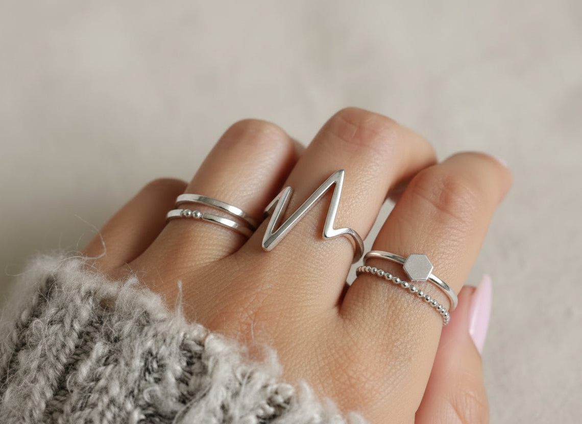 Sterling Silver 925 Heartbeat Geometric Ring - view 5