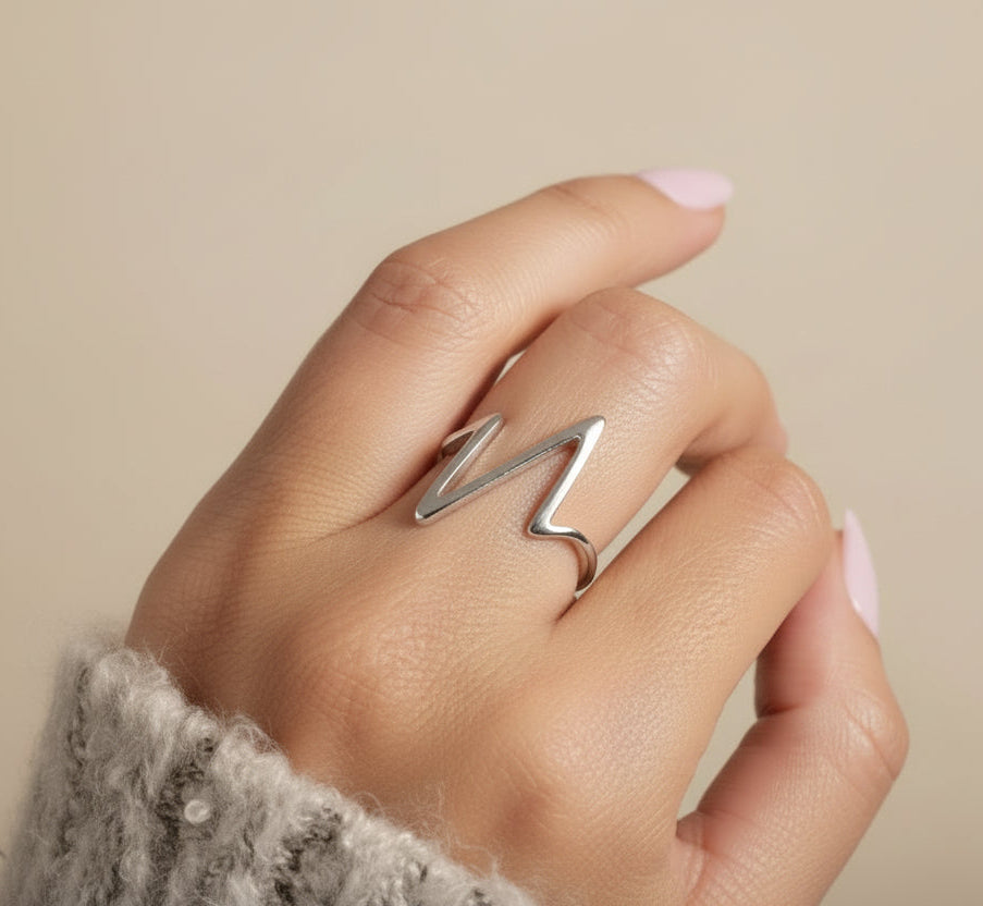 Sterling Silver 925 Heartbeat Geometric Ring - view 2