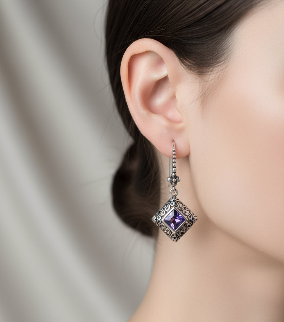 Sterling Silver Bali Square Amethyst Earrings