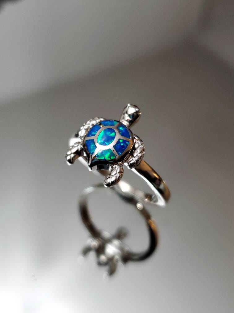 Sterling Silver Blue Opal Turtle Ring - view 3