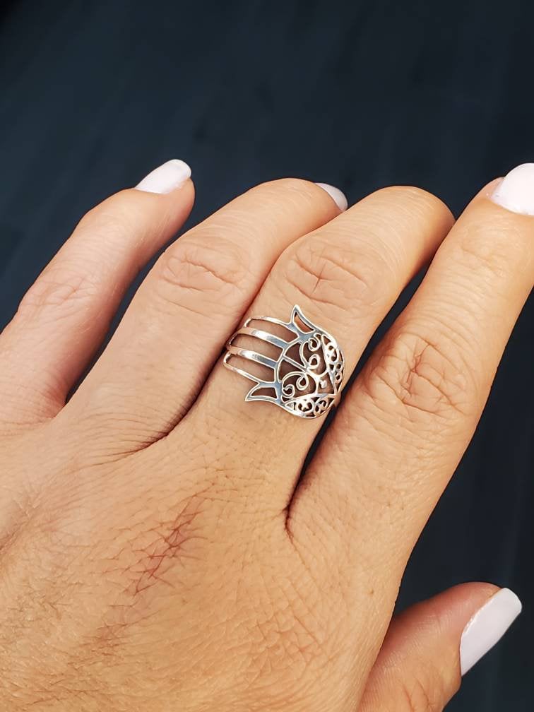Sterling Silver Traditional Hamsa Hand Ring - view 4