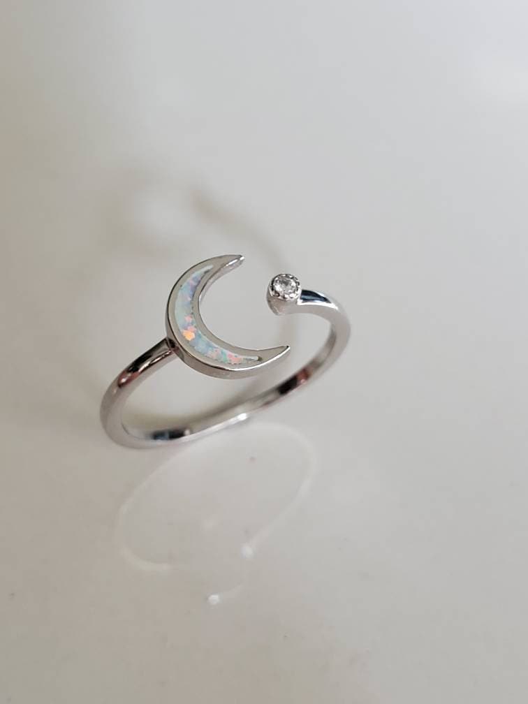 Sterling Silver Opal Crescent Moon and Star Ring - view 5