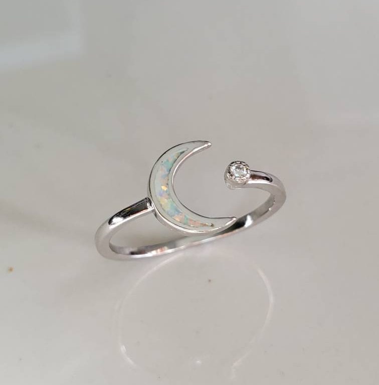 Sterling Silver Opal Crescent Moon and Star Ring - view 3
