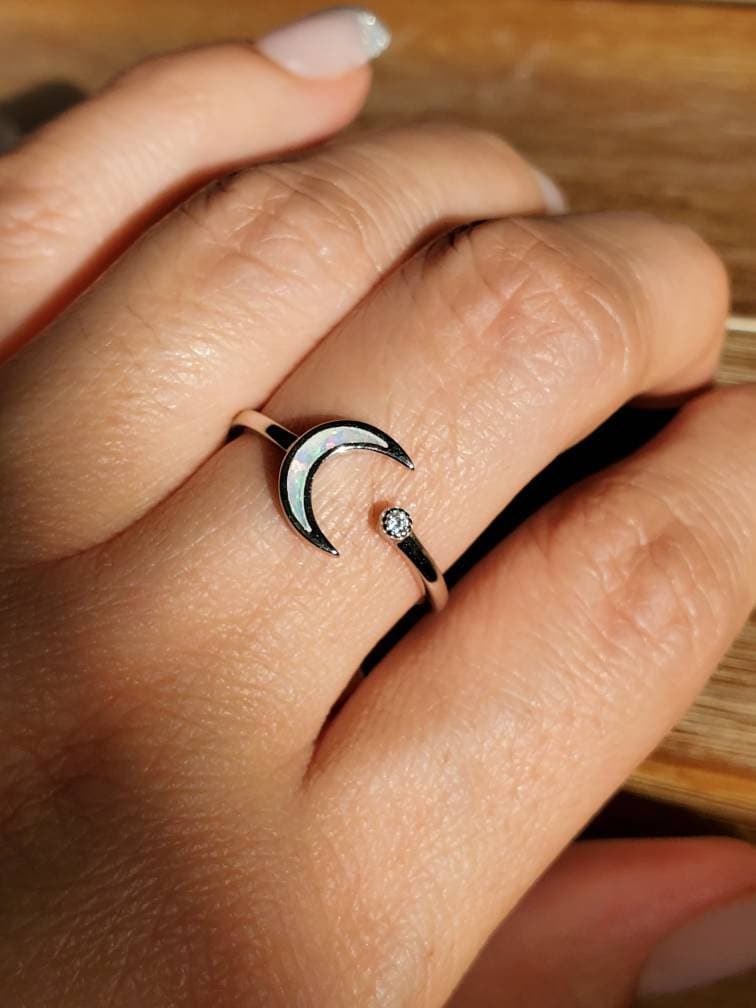 Sterling Silver Opal Crescent Moon and Star Ring - view 6