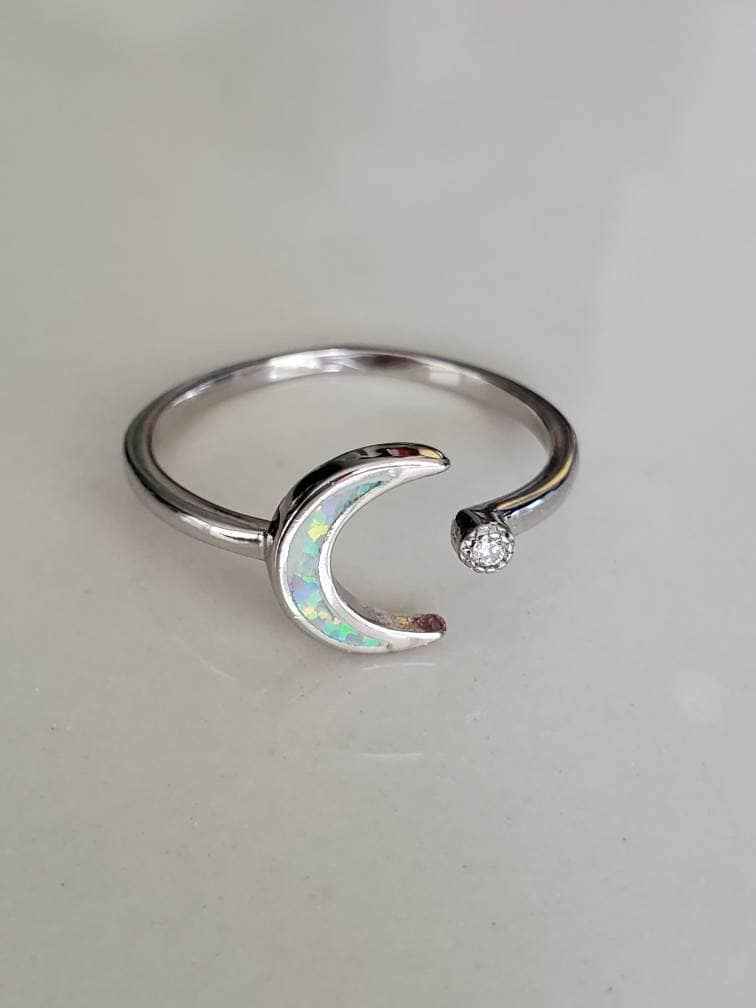 Sterling Silver Opal Crescent Moon and Star Ring