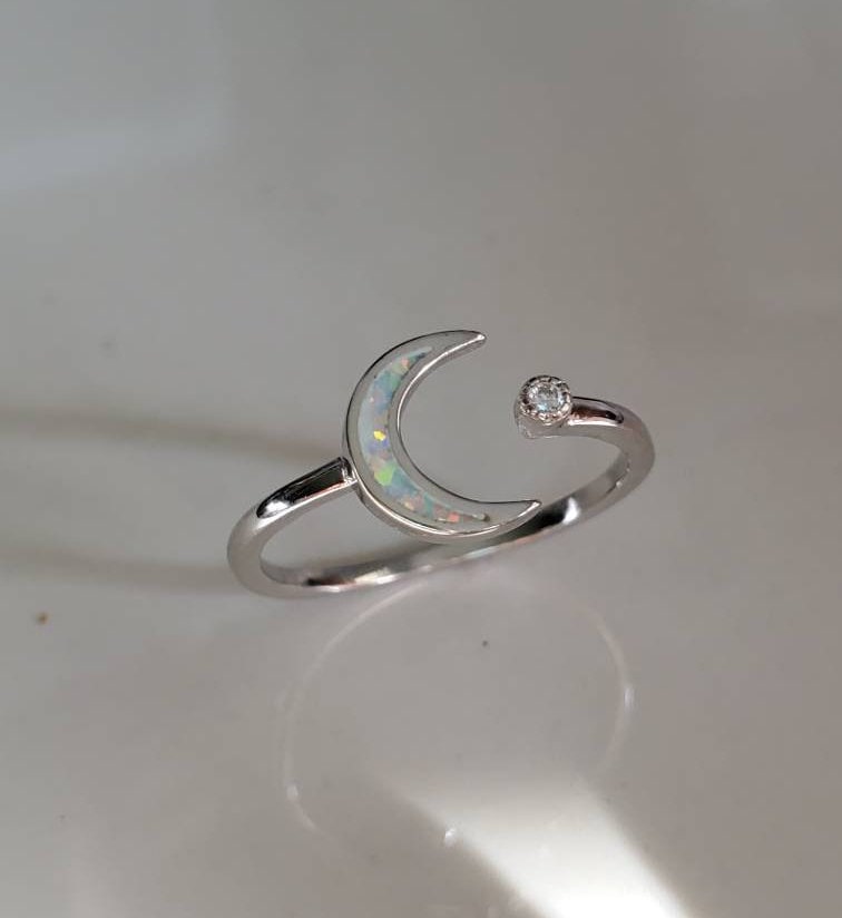 Sterling Silver Opal Crescent Moon and Star Ring - view 9