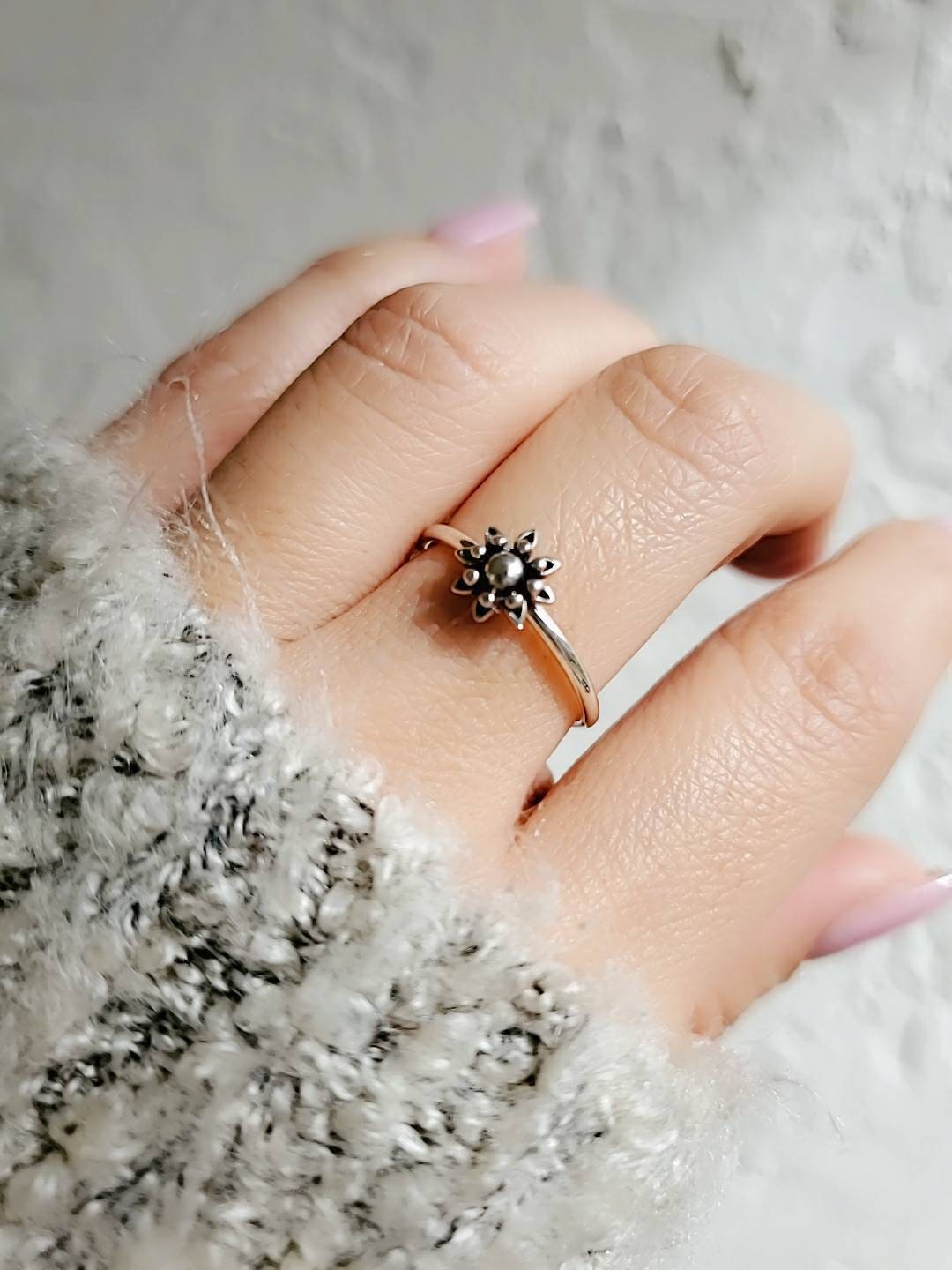 Sterling Silver Beaded Dainty Flower Bali Ring - view 5