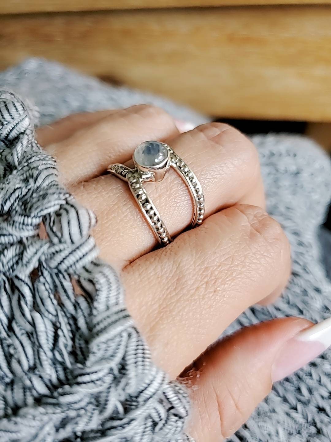 Sterling Silver Double Band Moonstone Ring - view 6