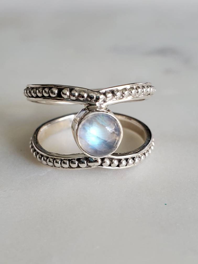 Sterling Silver Double Band Moonstone Ring - view 9