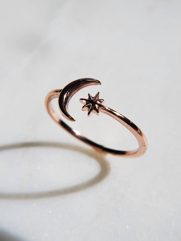 Sterling Silver Rose Gold Moon Star Ring - view 11