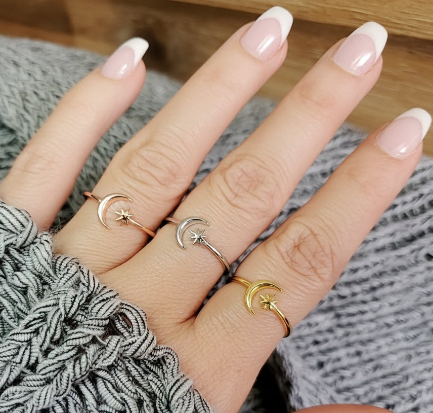 Sterling Silver Rose Gold Moon Star Ring - view 10