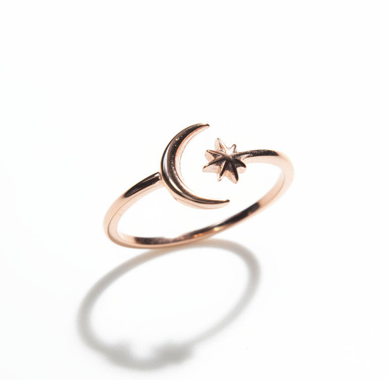 Sterling Silver Rose Gold Moon Star Ring - view 3