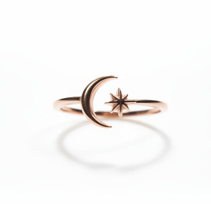 Sterling Silver Rose Gold Moon Star Ring