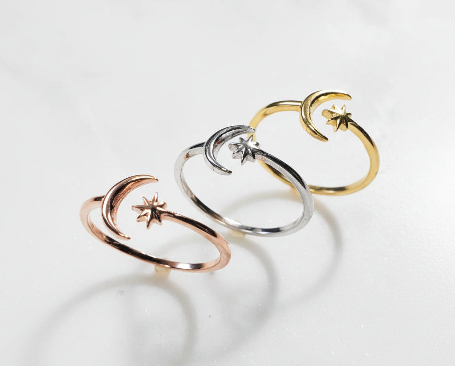 Sterling Silver Rose Gold Moon Star Ring - view 4