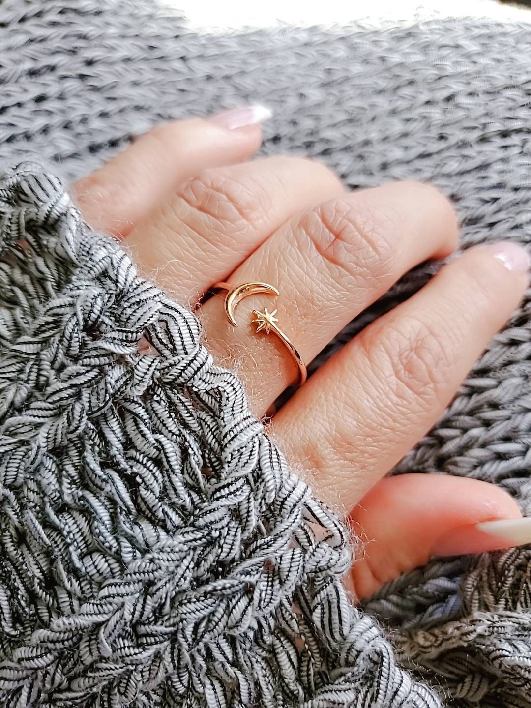 Sterling Silver Rose Gold Moon Star Ring - view 8