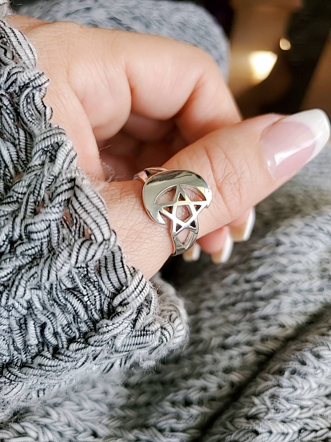 Sterling Silver Pentagram Crescent Moon Ring - view 4