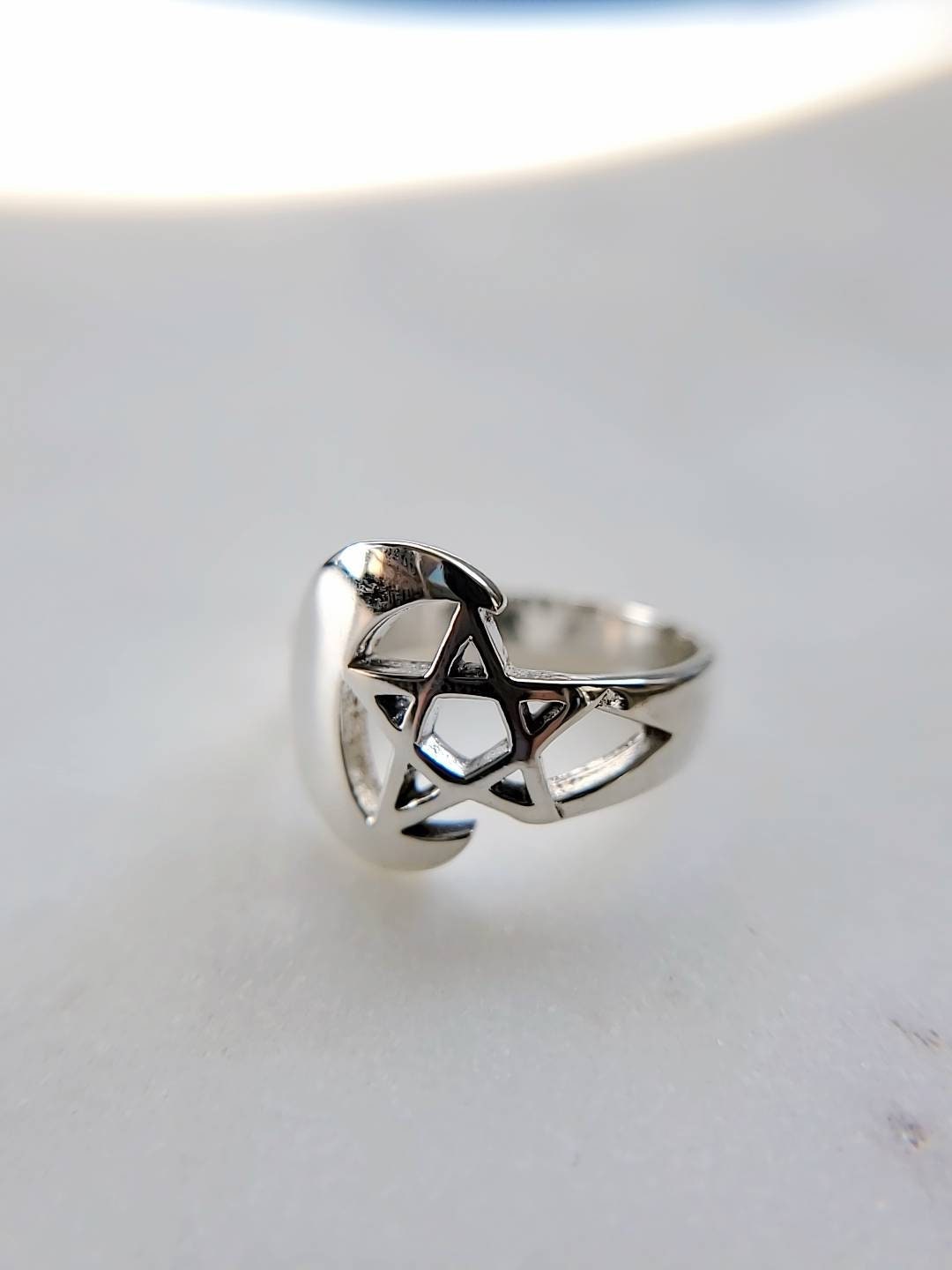 Sterling Silver Pentagram Crescent Moon Ring - view 9