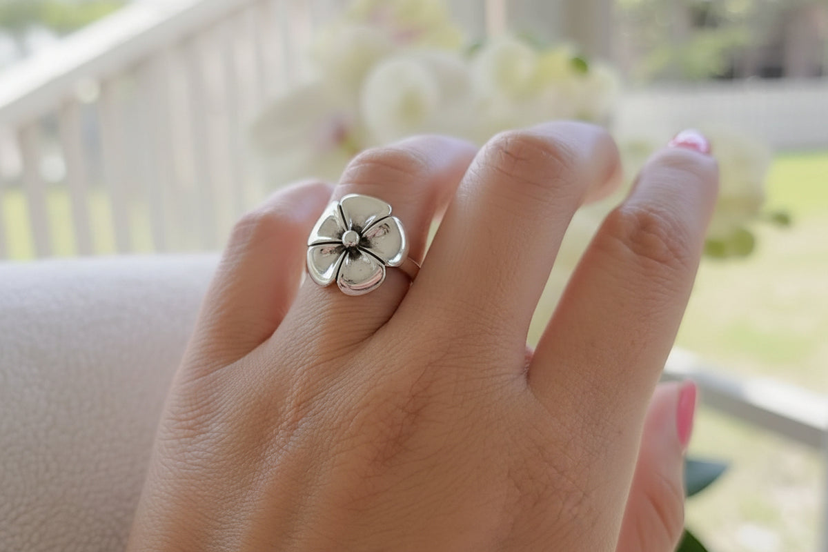 Sterling Silver Plumeria Hawaiian Flower Ring - view 2