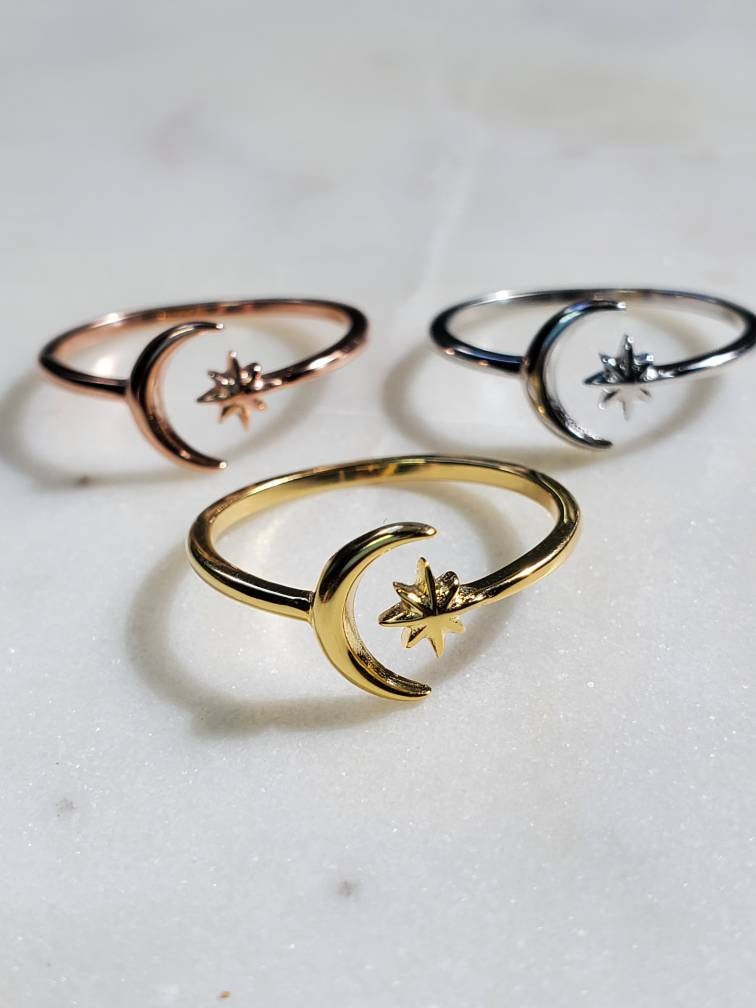 Thin Gold Moon Star Ring