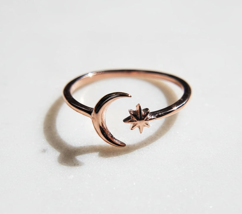 Sterling Silver Rose Gold Moon Star Ring - view 7