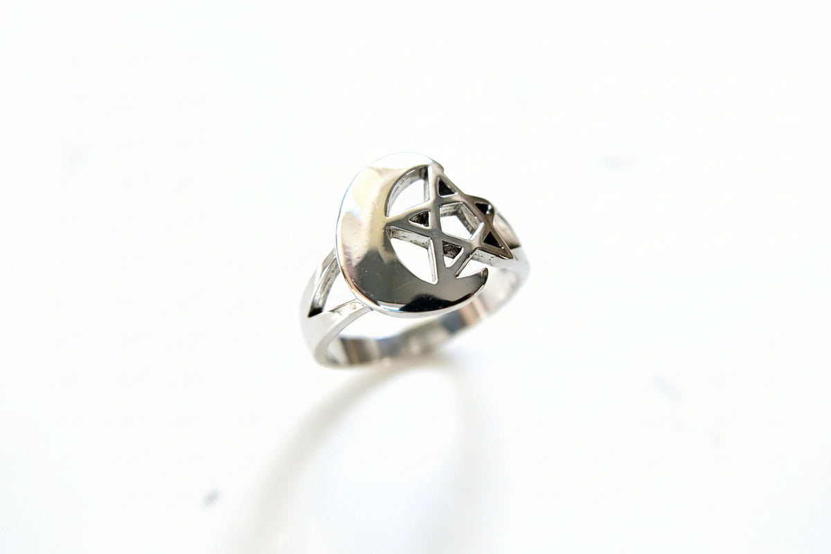 Sterling Silver Pentagram Crescent Moon Ring - view 8