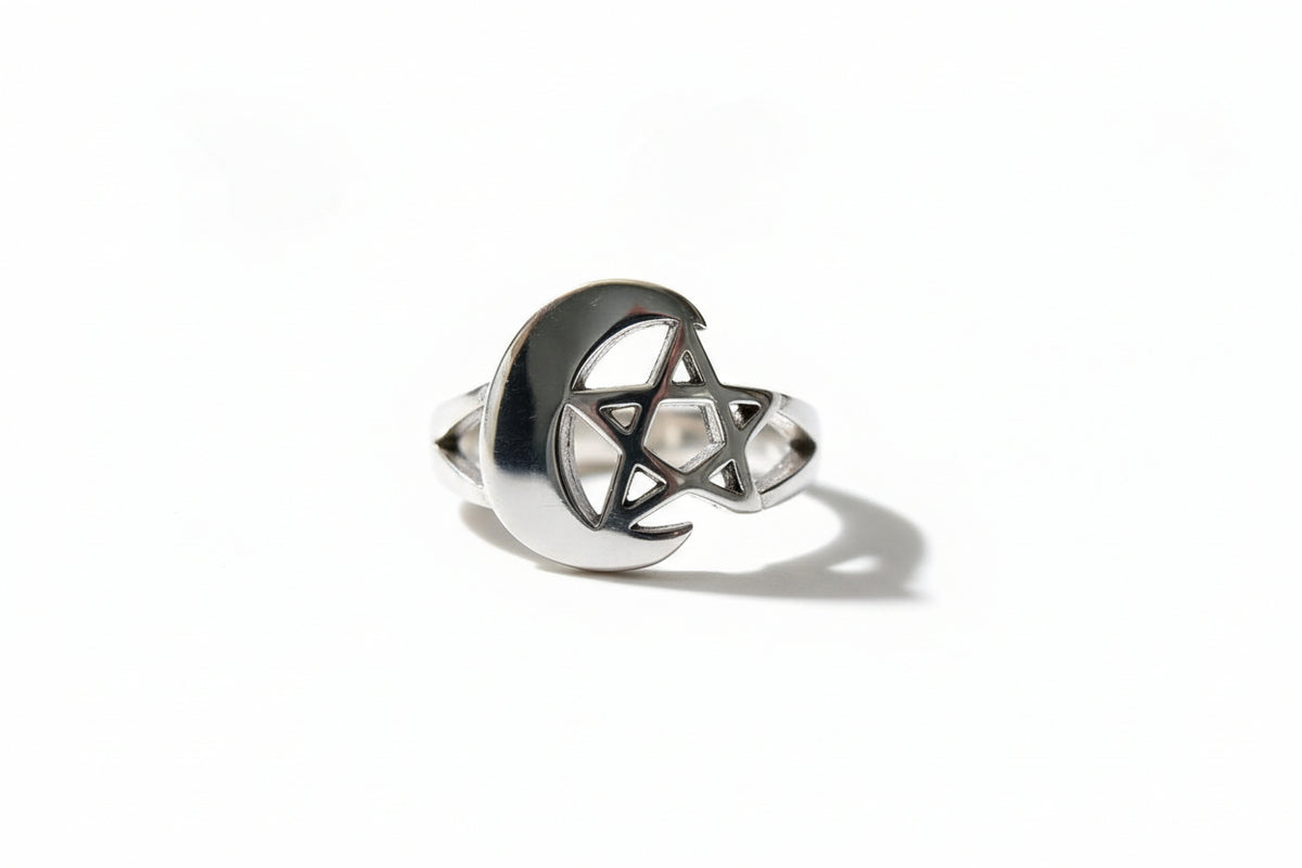 Sterling Silver Pentagram Crescent Moon Ring