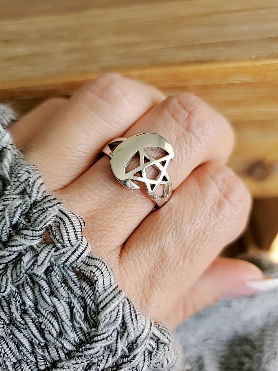 Sterling Silver Pentagram Crescent Moon Ring - view 2