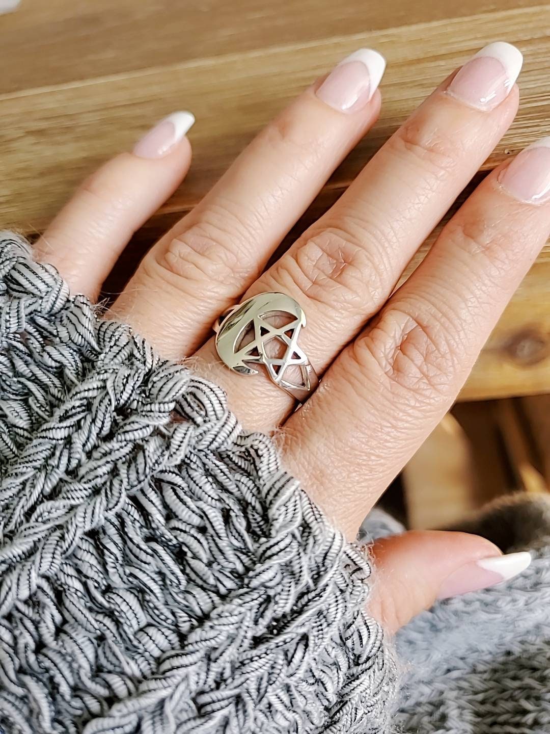 Sterling Silver Pentagram Crescent Moon Ring - view 7