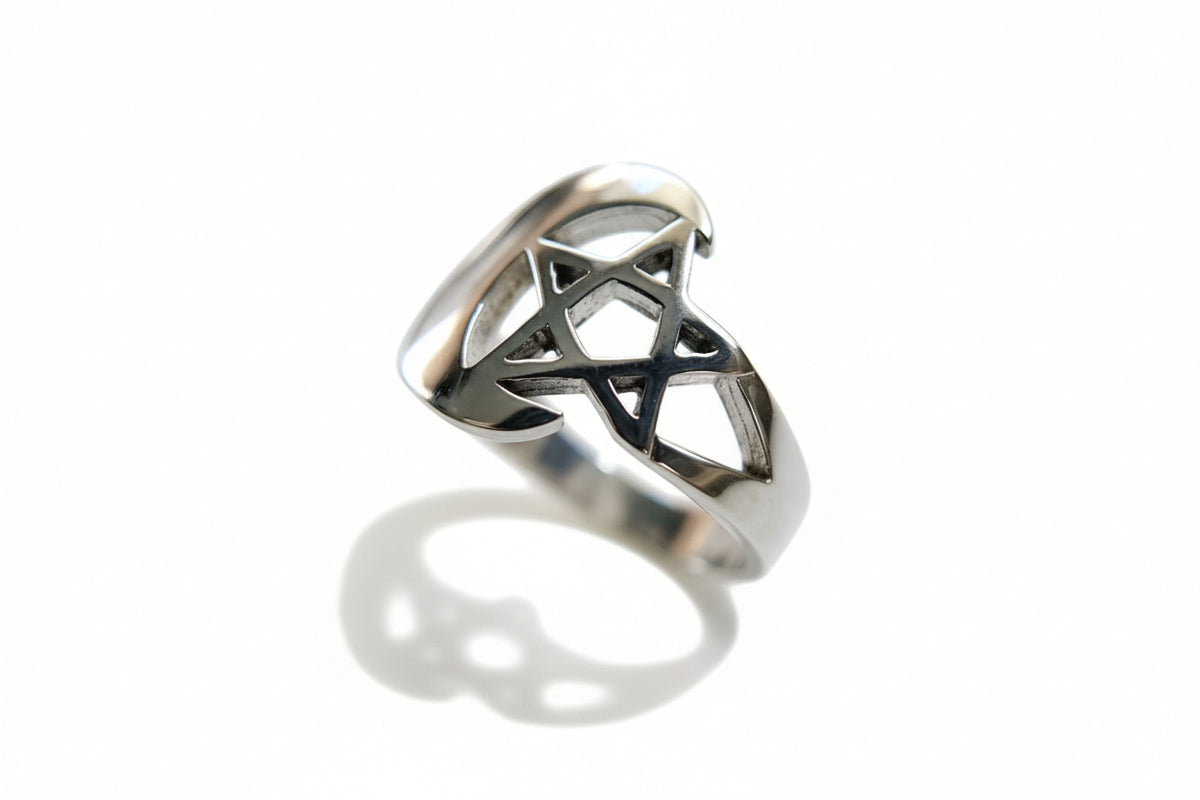 Sterling Silver Pentagram Crescent Moon Ring - view 5