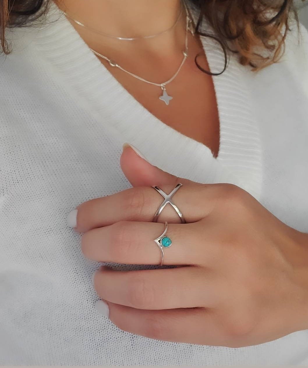 Sterling Silver Genuine Turquoise Chevron Ring
