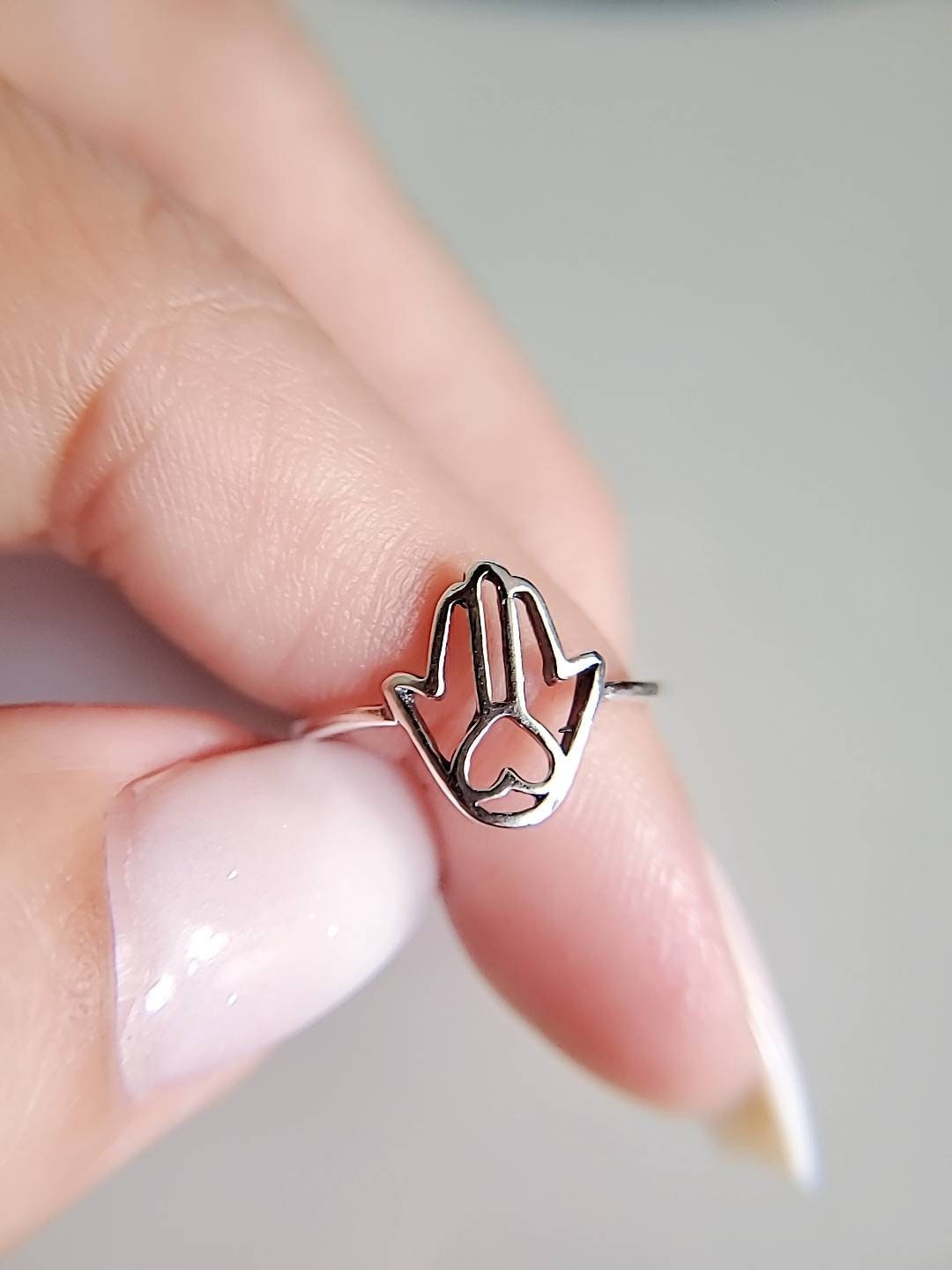 Sterling Silver Minimalist Hamsa Protection Amulet Ring - view 6