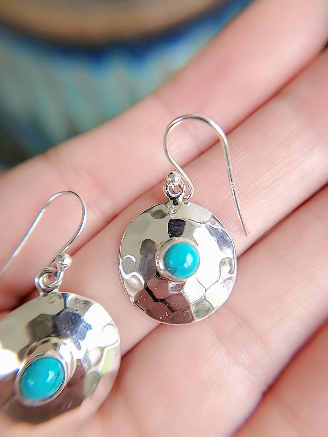 Sterling Silver 925 Handmade Hammered Turquoise Drop Earrings - view 3