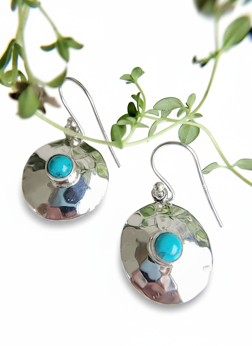 Sterling Silver 925 Handmade Hammered Turquoise Drop Earrings - view 2