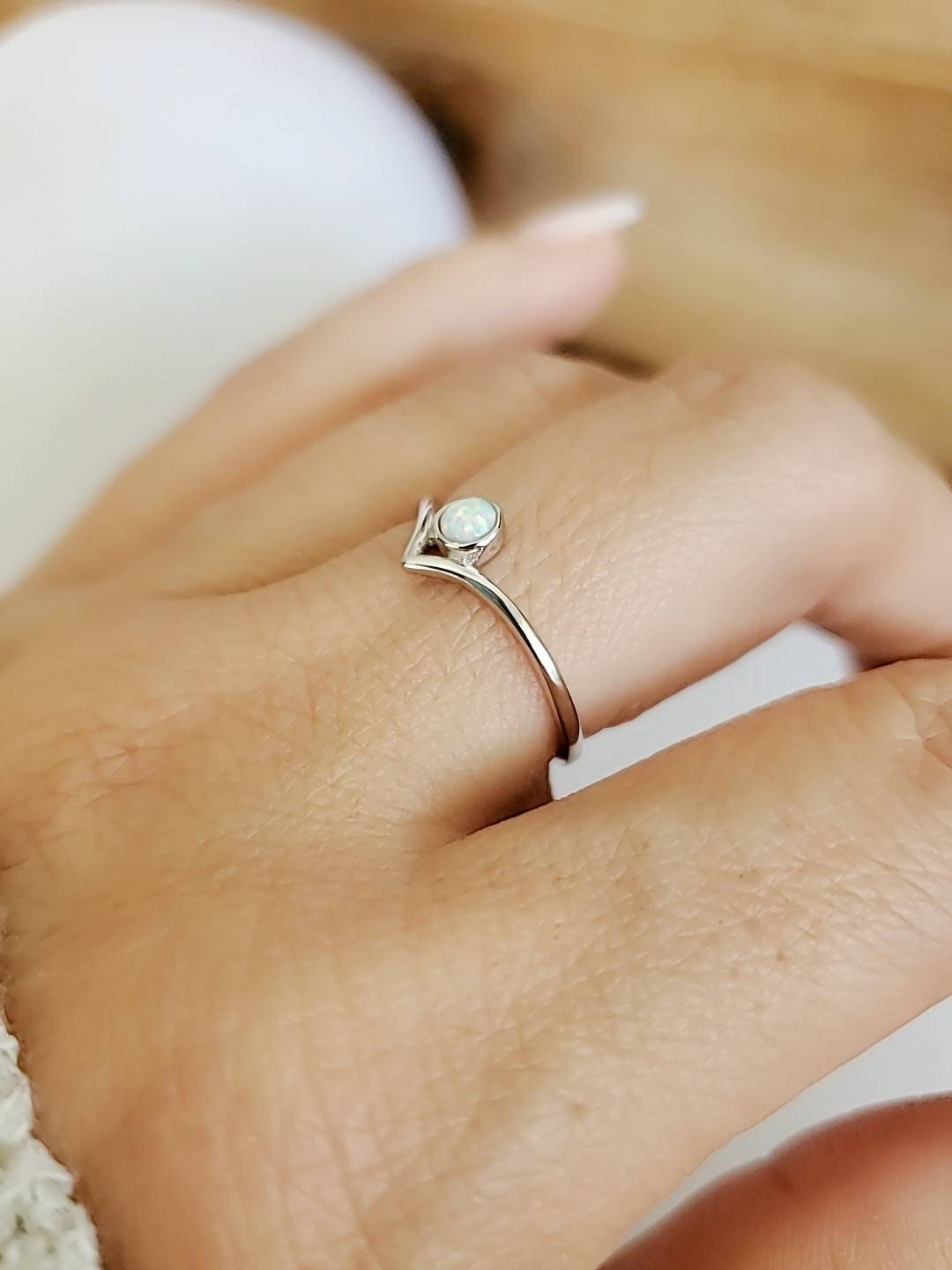Sterling Silver White Opal Chevron Ring - view 9