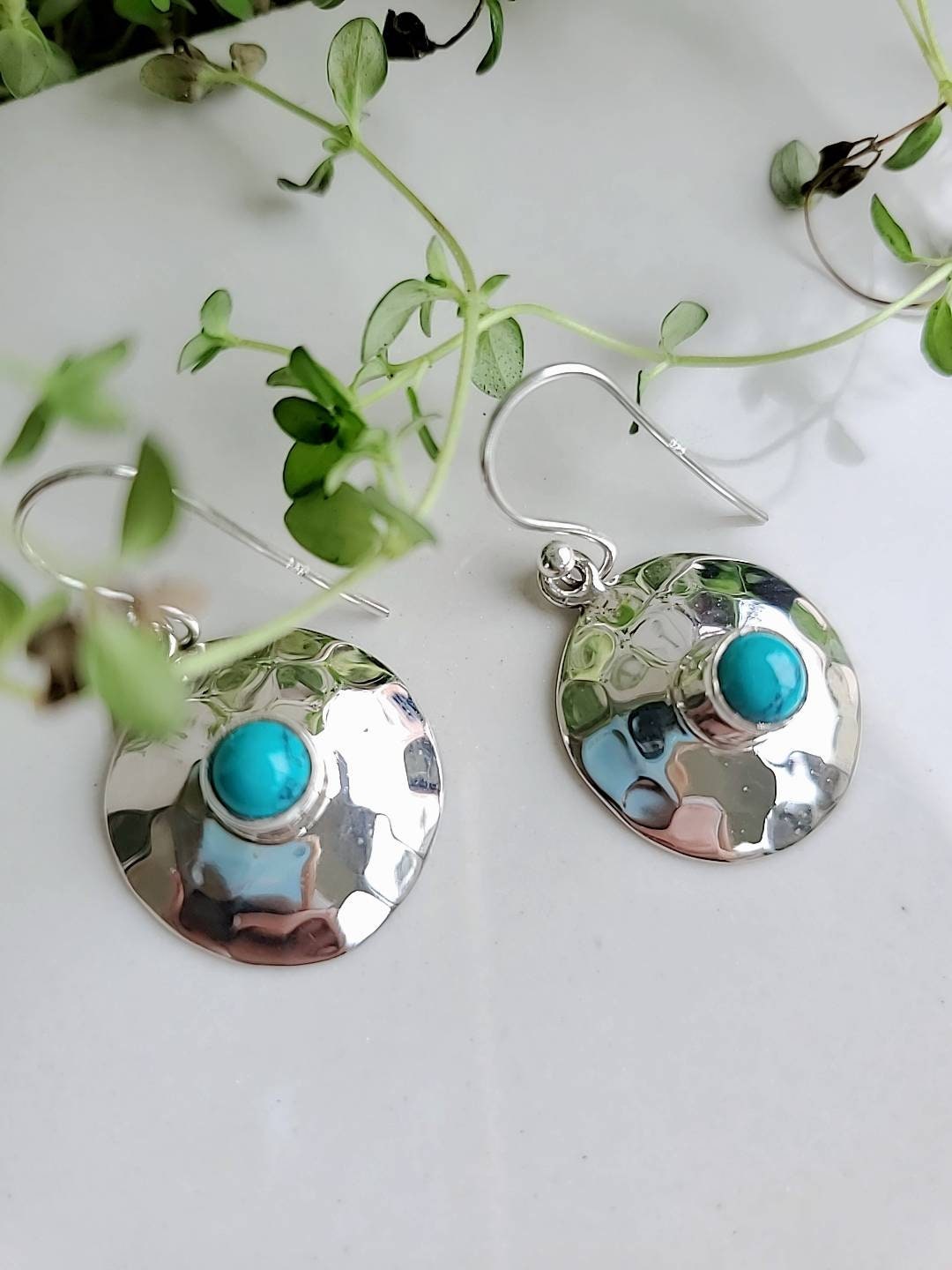 Sterling Silver 925 Handmade Hammered Turquoise Drop Earrings - view 6